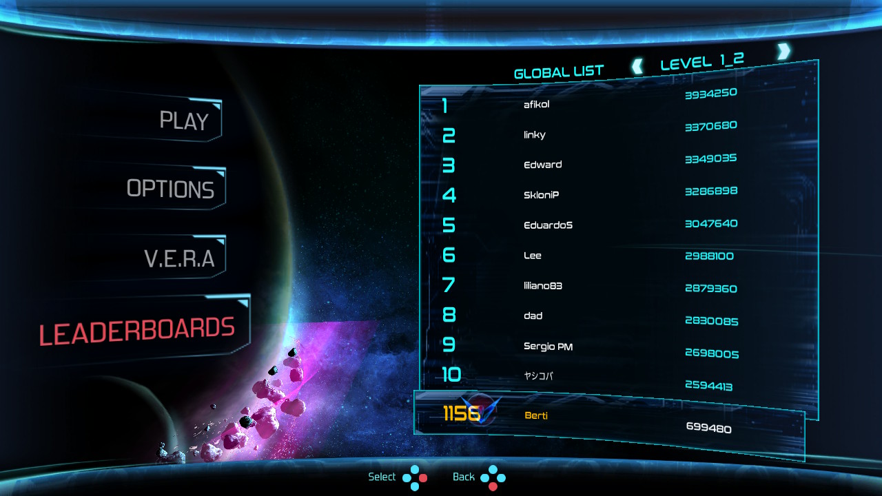 Screenshot: Dimension Drive online leaderboards of Level 1_2, showing Berti at 1156th place with a score of 699 480